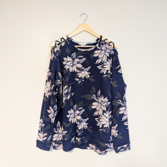 Easel Navy Floral Cold Shoulder Pullover - Picture 1 of 4